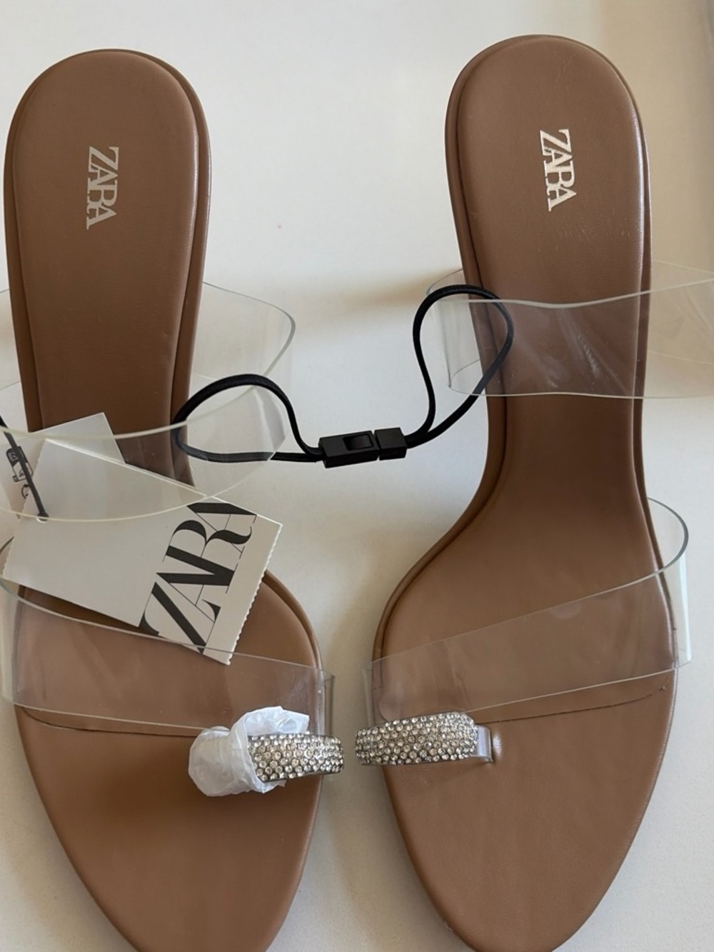ZARA Brown Footbed Clear Strap Slide Sandals with Crystal Toe Accent